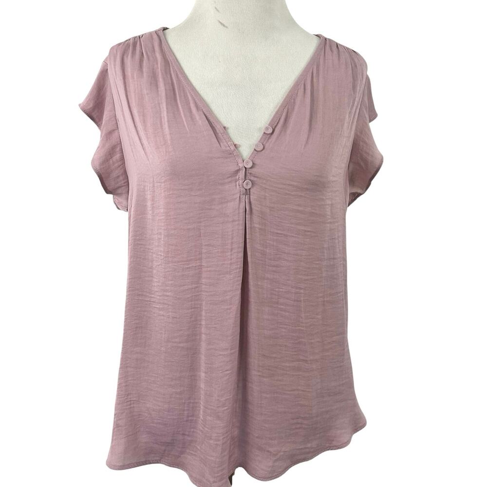 Rachel Zoe Blouse Medium Mauve Pink V Neck Button Front Flowy Short Sleeve Top